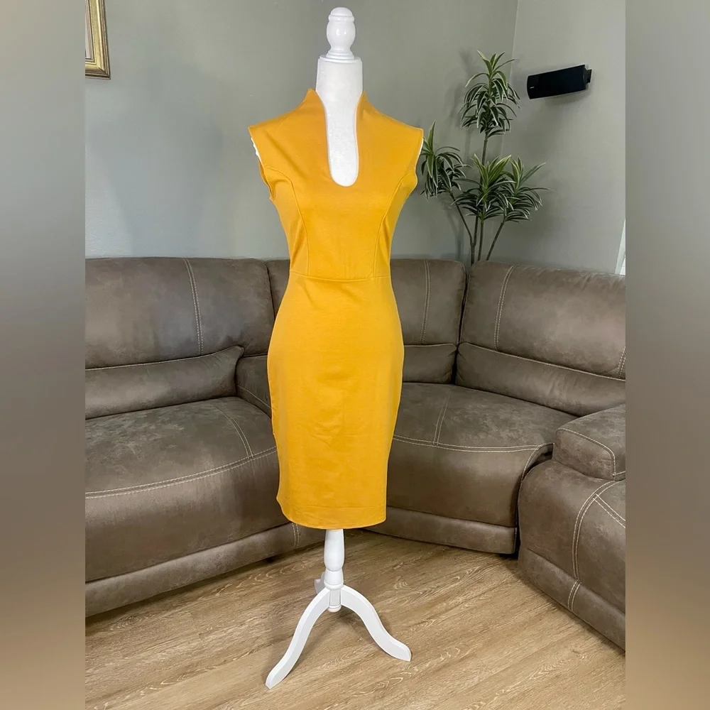 NWT Rolla Coster Mustard Yellow Bodycon Midi Dress Sz L Spring Summer Easter - Picture 2 of 9